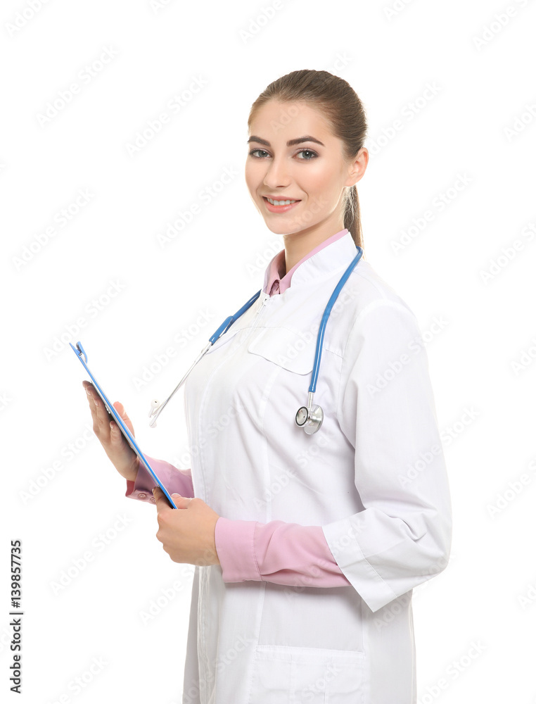 Young female nutritionist on white background Young female nutritionist on white background