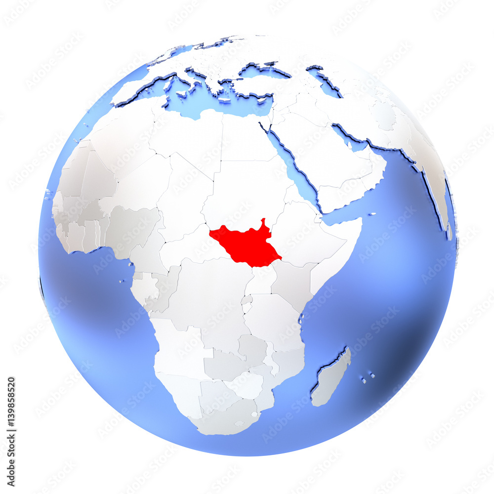South Sudan on metallic globe isolated