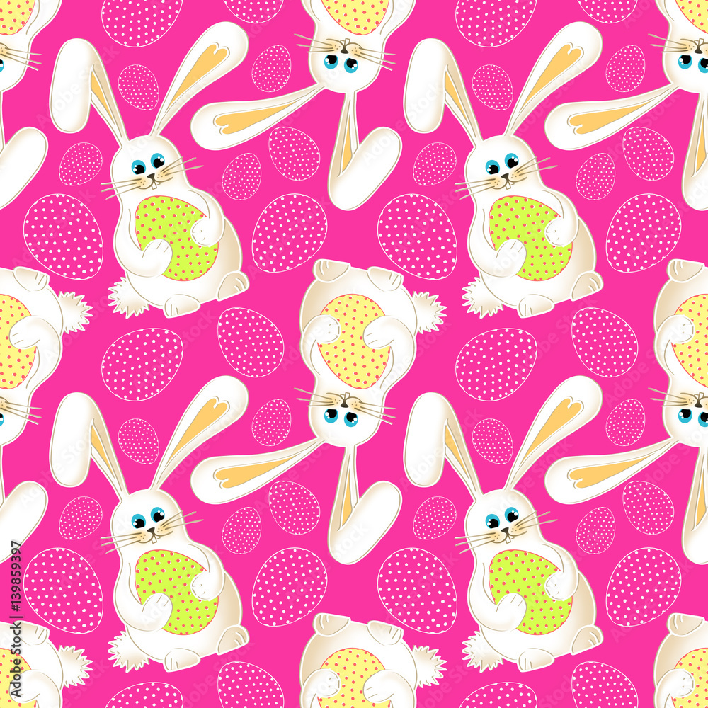 Obraz premium Cute Easter bunny. Seamless red background with cartoon rabbit and colorful Easter eggs. Gift wrapping paper design, banner