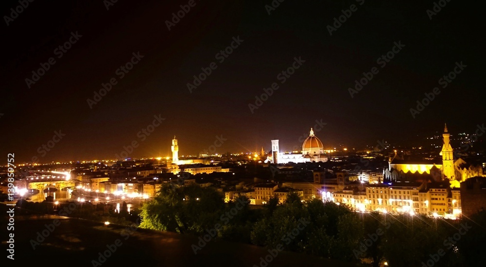 Florence city at night. Panoramic view to the river Arno, with Ponte Vecchio, Palazzo Vecchio and Cathedral of Santa Maria del Fiore (Duomo), Florence, Italy