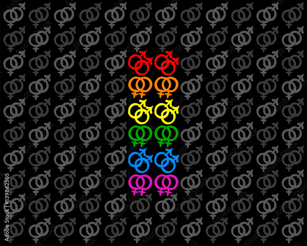 Gay and lesbian love symbols forming a rainbow colored pride flag among gray heterosexual symbols. Isolated vector illustration on black background. Gay and lesbian love symbols forming a rainbow colored pride flag among gray heterosexual symbols. Isolated vector illustration on black background.