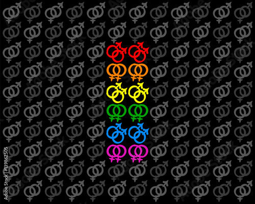 Gay and lesbian love symbols forming a rainbow colored pride flag among gray heterosexual symbols. Isolated vector illustration on black background.