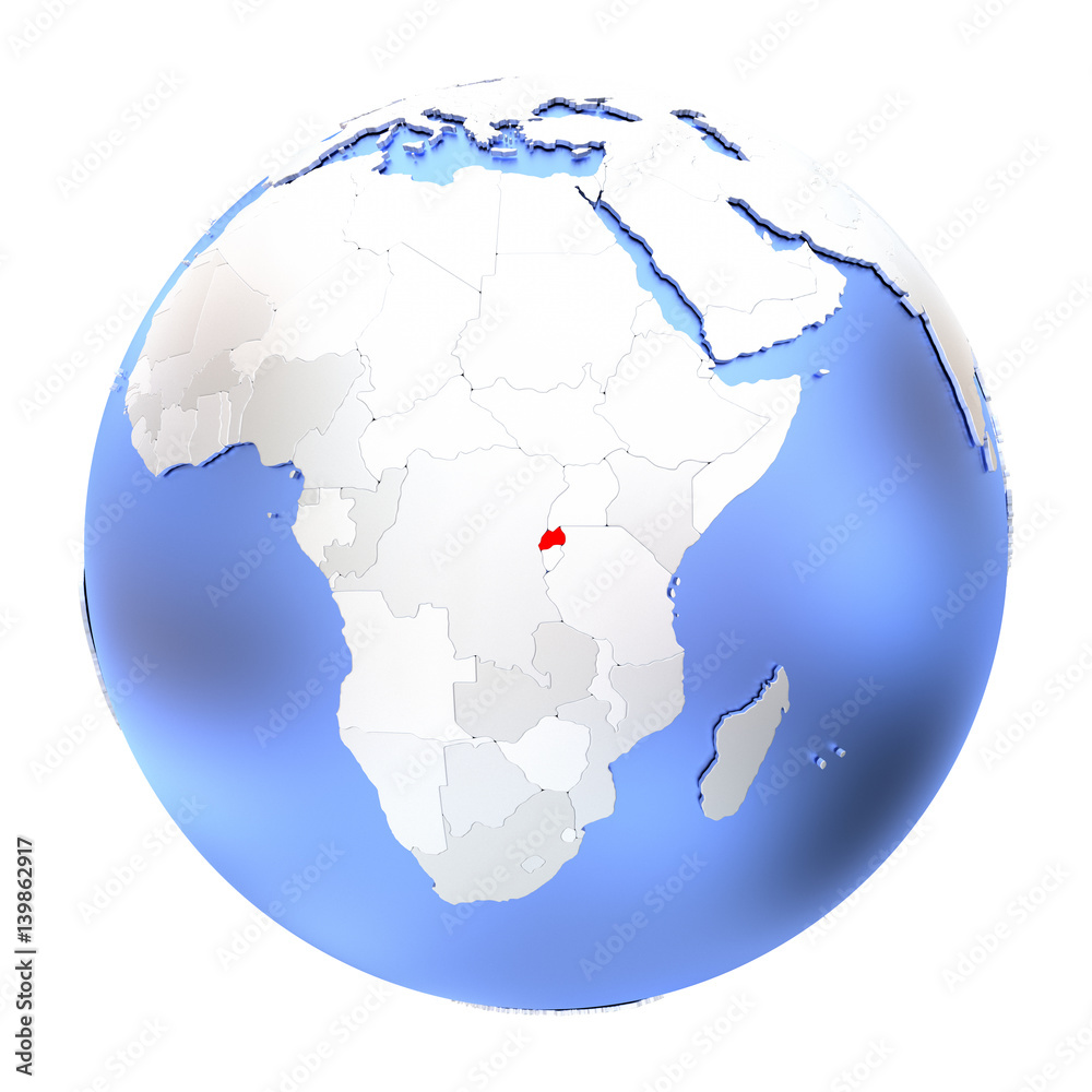 Rwanda on metallic globe isolated