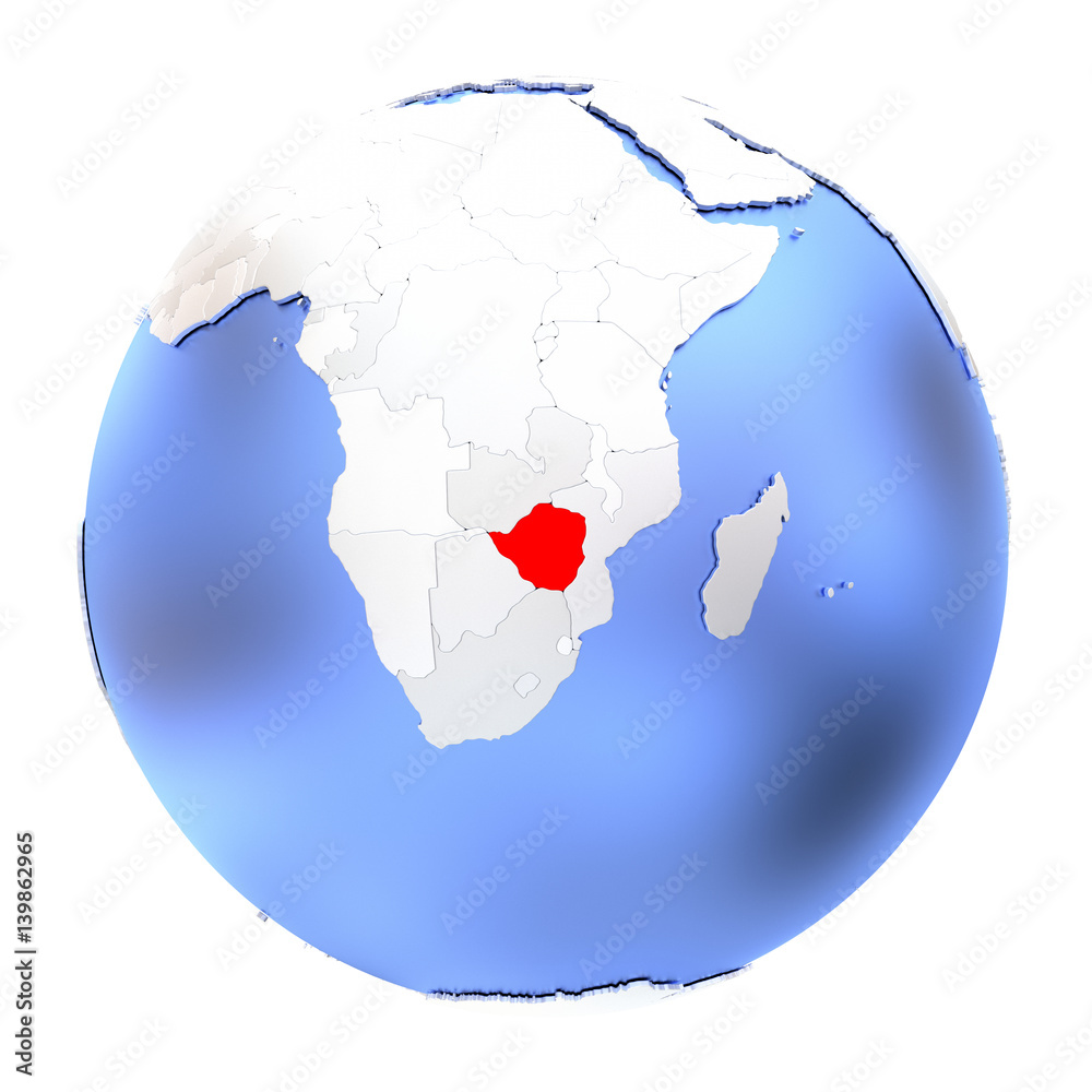 Zimbabwe on metallic globe isolated