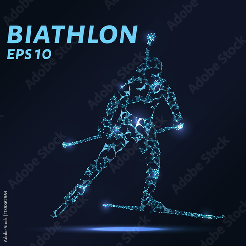 The biathlon consists of points, lines and triangles. The polygon shape in the form of a silhouette on a dark background. Vector illustration. Graphic concept biathlon