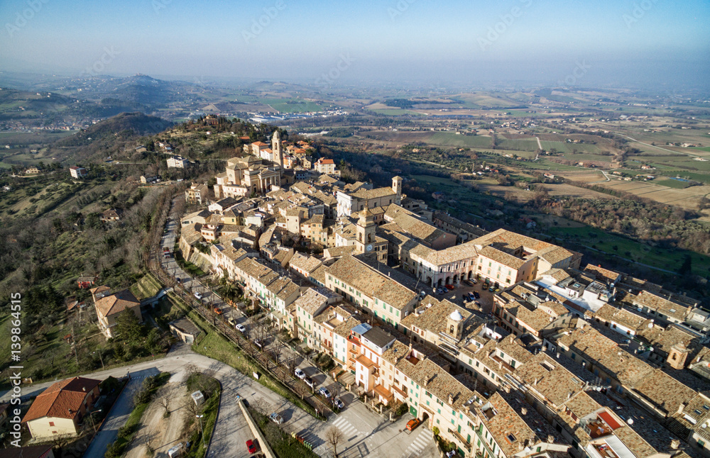 Ancient hill-top city of Pollenza - Marche, Italy - Aerial View