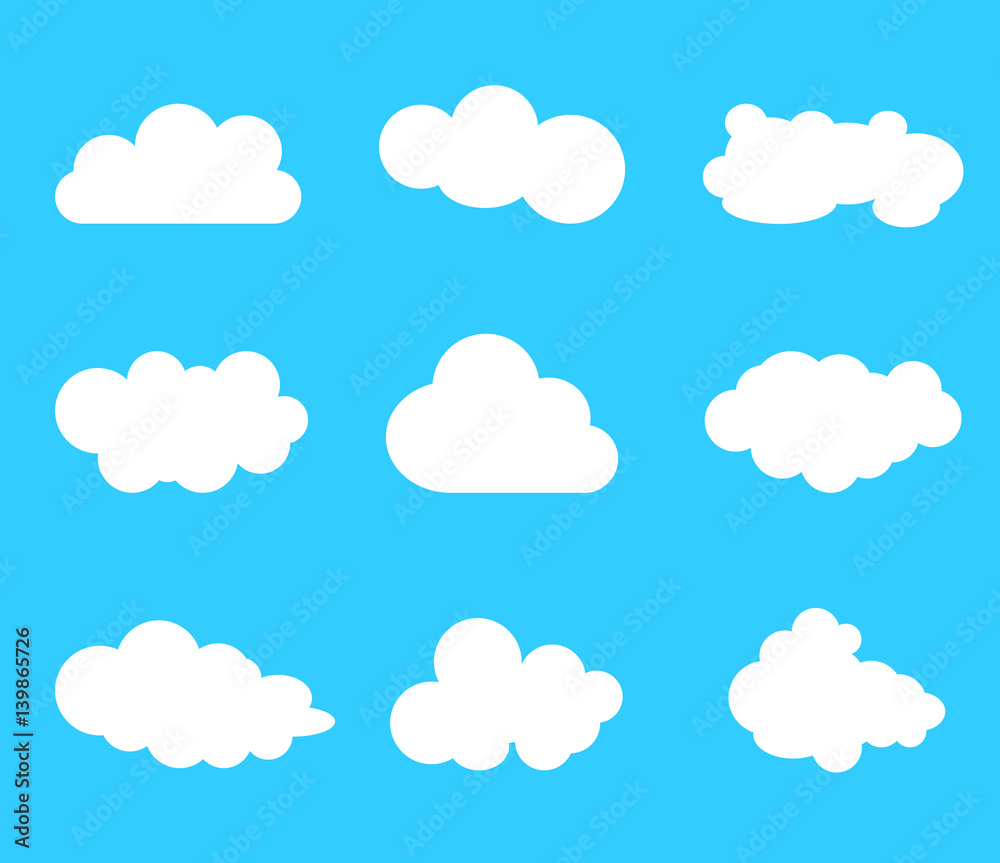 Cloud vector icon set. White color on blue background.