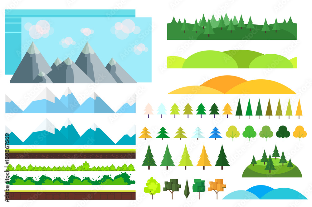 Trendy Set of different flat elements,trees, bushes , mountains and other natural objects.