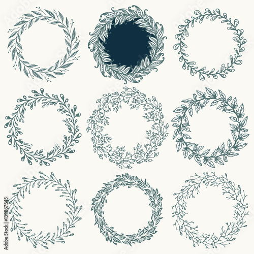 set of hand-drawing spring wreathes.