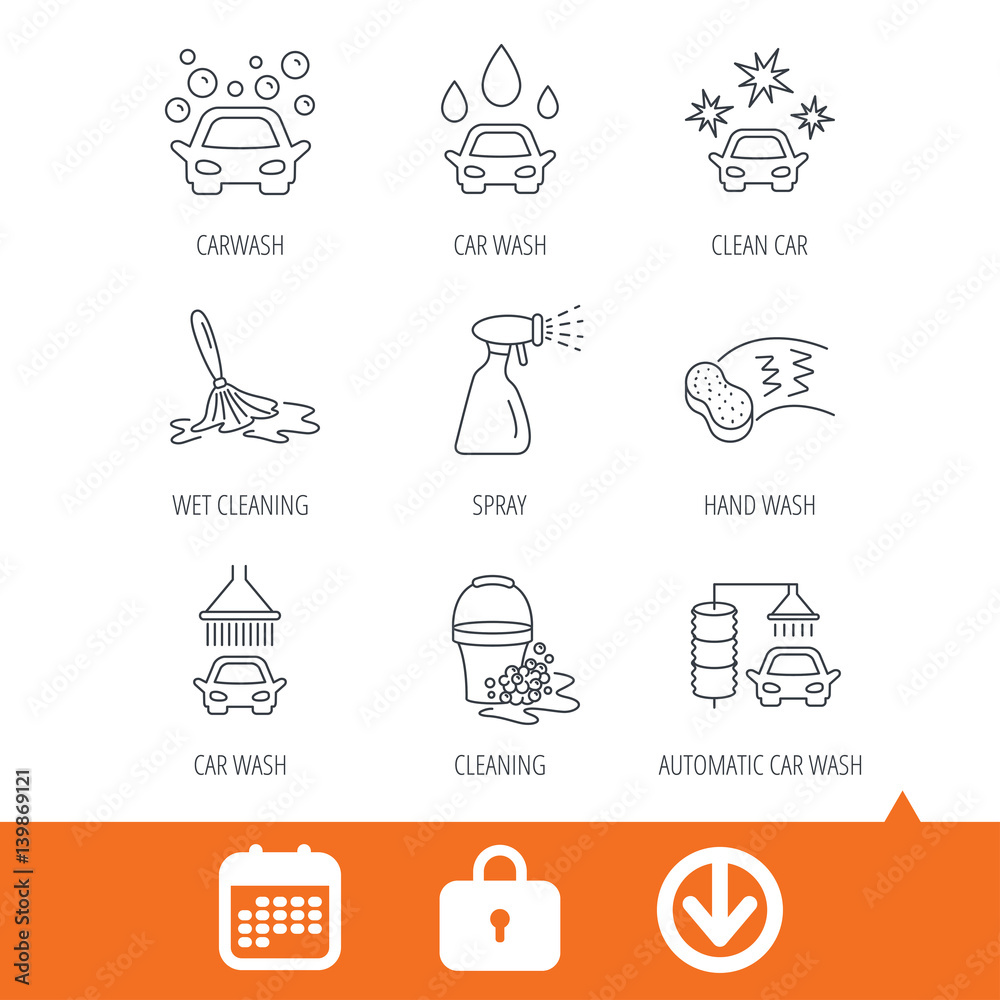 Car wash icons. Automatic cleaning station linear signs. Bucket with foam bubbles, sponge and spray flat line icons. Download arrow, locker and calendar web icons. Vector