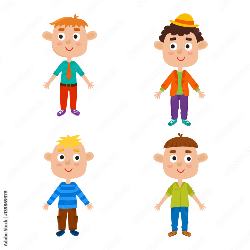 Cartoon boys isolated on white. Characters set of stylish kids.