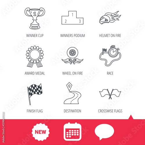 Winner cup and podium, award medal icons. Race flag, motorcycle helmet and timer linear signs. Destination pointer flat line icons. New tag, speech bubble and calendar web icons. Vector