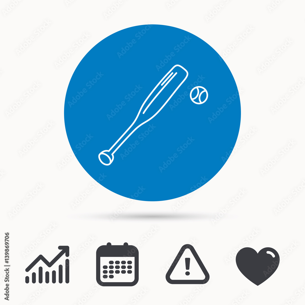 Baseball bat with ball icon. Professional sport equipment sign. Calendar, attention sign and growth chart. Button with web icon. Vector Baseball bat with ball icon. Professional sport equipment sign. Calendar, attention sign and growth chart. Button with web icon. Vector