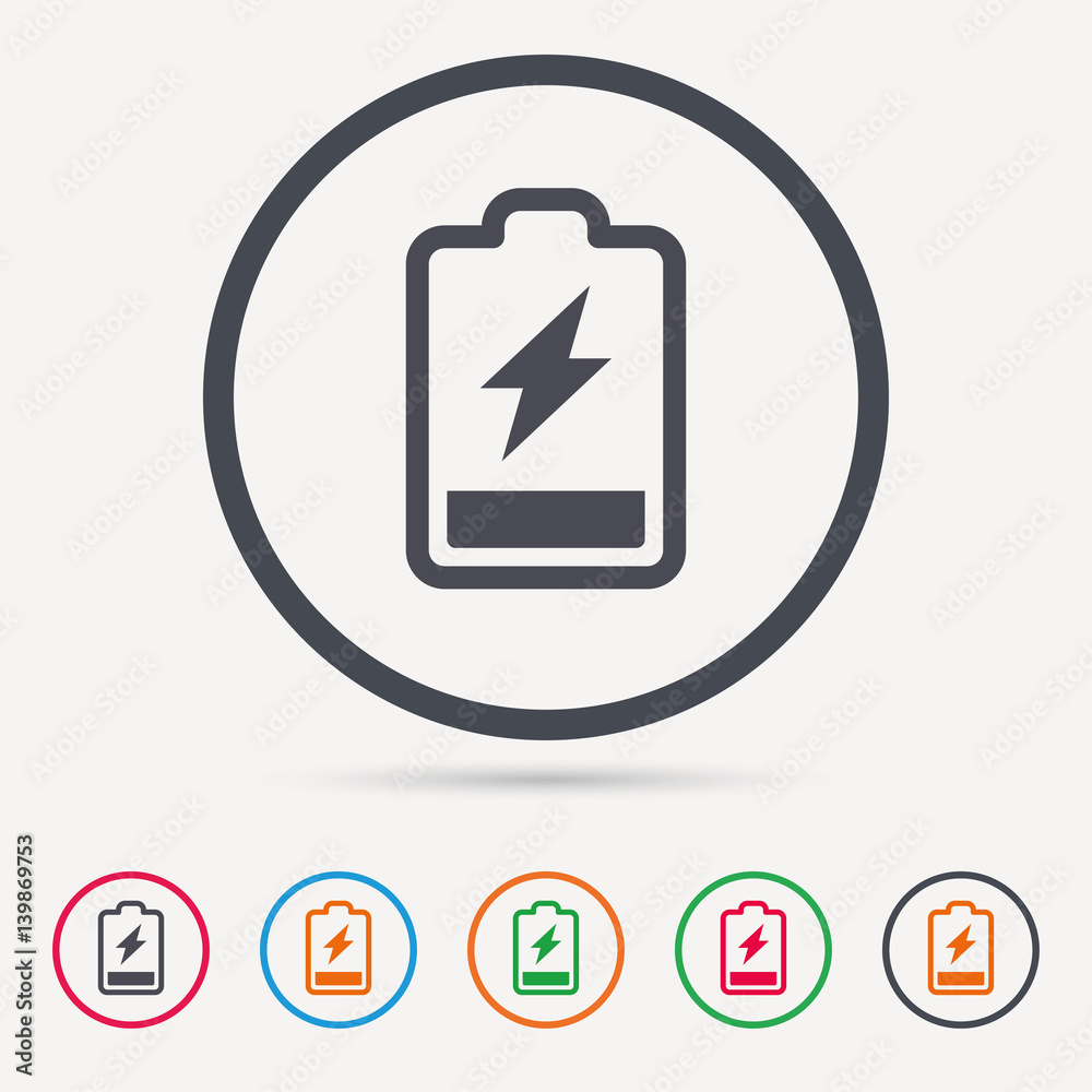 Battery power icon. Charging accumulator symbol. Round circle buttons. Colored flat web icons. Vector Battery power icon. Charging accumulator symbol. Round circle buttons. Colored flat web icons. Vector