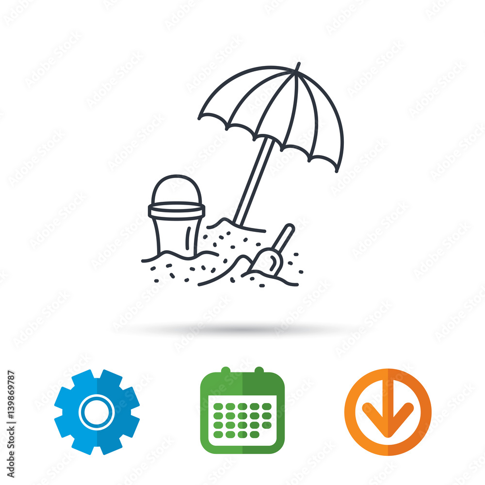 Beach umbrella in sand icon. Bucket with shovel sign. Baby summer games  symbol. Calendar, cogwheel and download arrow signs. Colored flat web  icons. Vector Stock Vector | Adobe Stock