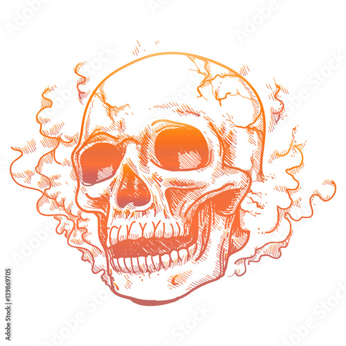 Hand drawn human skull in smoke smell. Vector colorful tatoo design