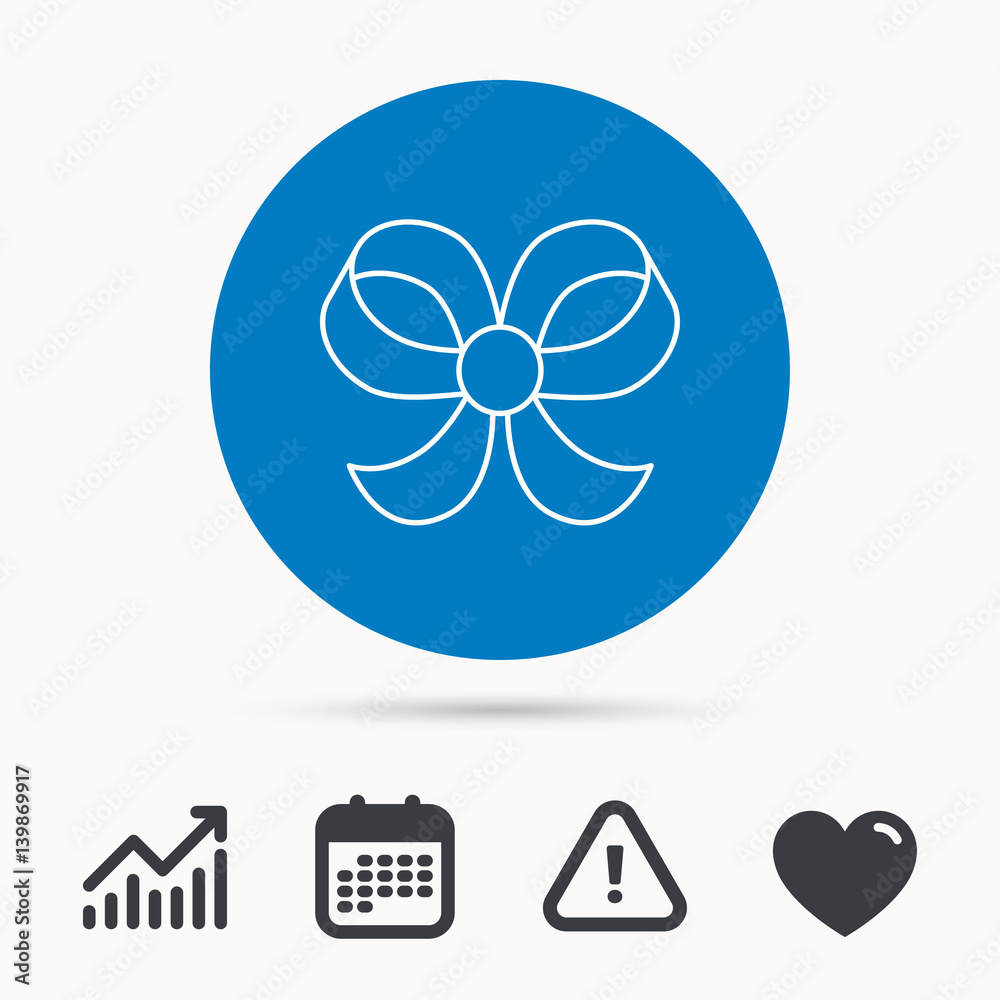 Bow icon. Gift bow-knot sign. Calendar, attention sign and growth chart. Button with web icon. Vector Bow icon. Gift bow-knot sign. Calendar, attention sign and growth chart. Button with web icon. Vector