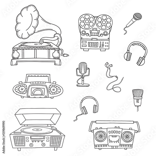 Retro musical equipment. Collection of stylish vector old tape recorders