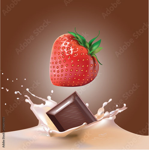 Beautiful strawberries, chocolate and milk. Beautiful raspberry drops in milk.