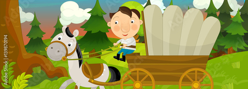Fotografie cartoon illustration with young farmer riding through the forest on wooden wagon