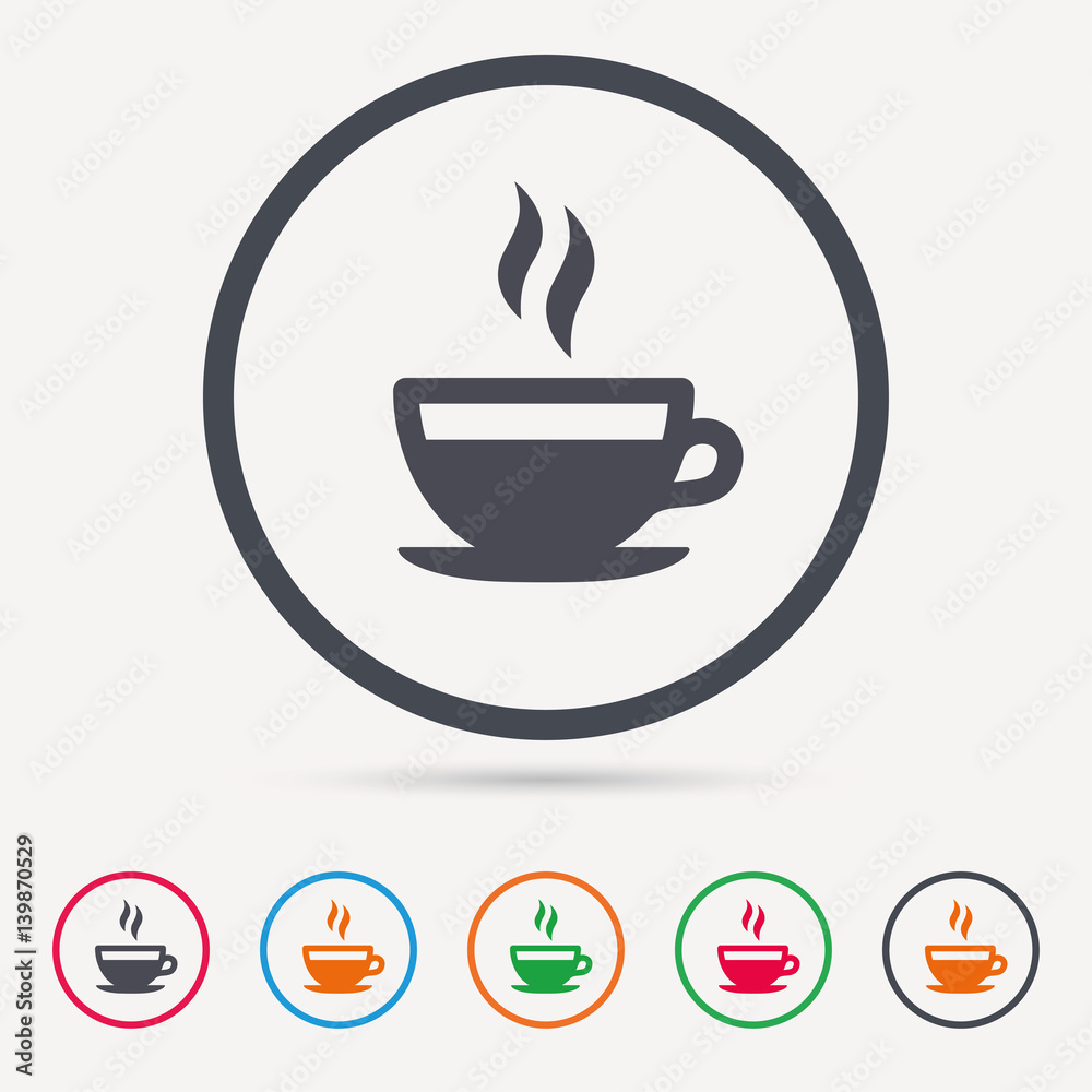 Coffee cup icon. Hot tea drink symbol. Round circle buttons. Colored flat web icons. Vector Coffee cup icon. Hot tea drink symbol. Round circle buttons. Colored flat web icons. Vector