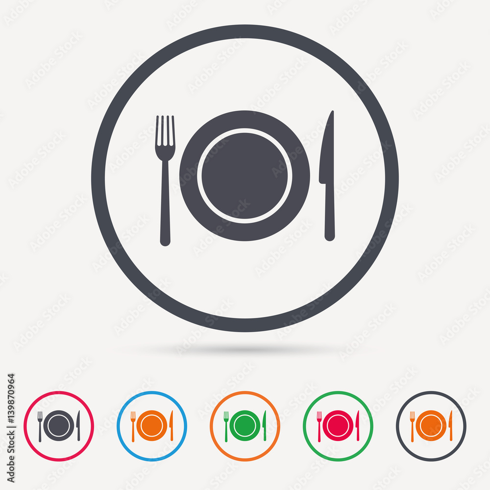Dish, fork and knife icons. Cutlery symbol. Round circle buttons. Colored flat web icons. Vector Dish, fork and knife icons. Cutlery symbol. Round circle buttons. Colored flat web icons. Vector
