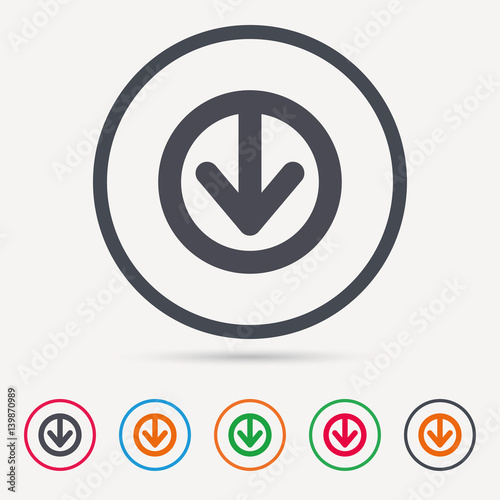 Download icon. Load internet data symbol. Round circle buttons. Colored flat web icons. Vector