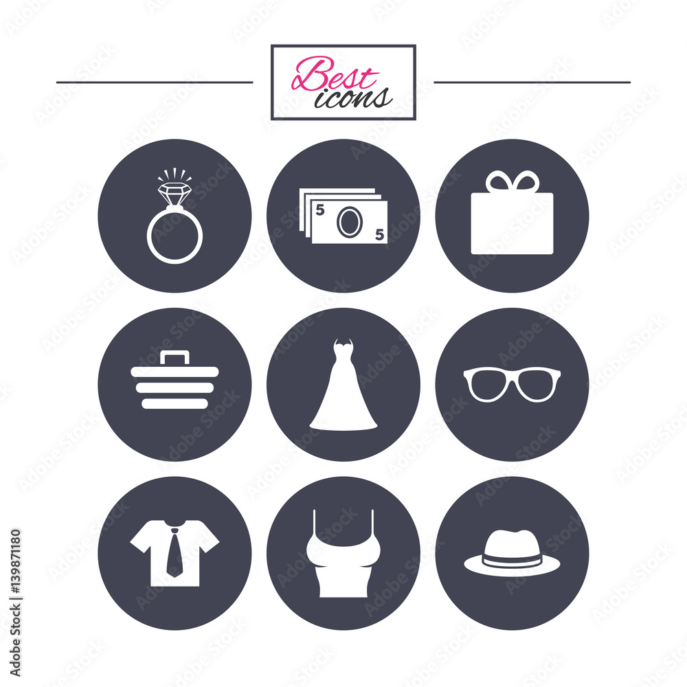 Accessories, clothes icons. Shopping signs.