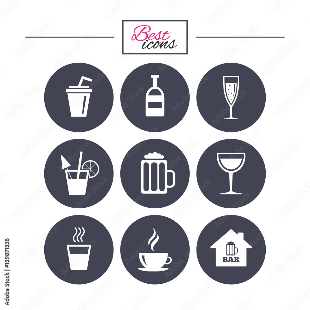 Coffee, tea icons. Alcohol drinks signs. Coffee, tea icons. Alcohol drinks signs.