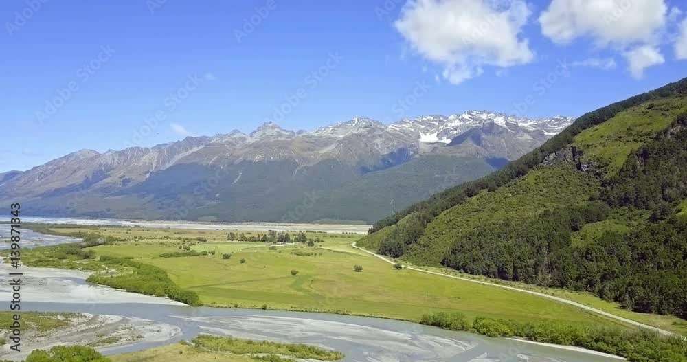 Aerial view of Mountains over remote river, Glenorchy, Central Otago, New Zealand Aerial view of Mountains over remote river, Glenorchy, Central Otago, New Zealand