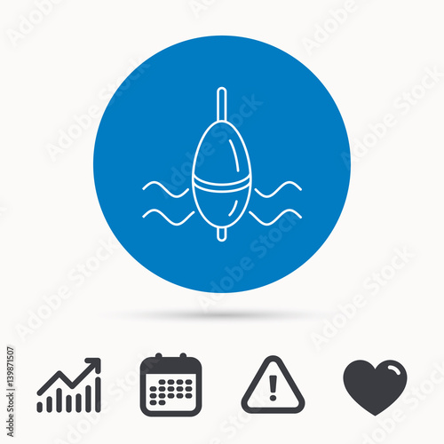Fishing float icon. Bobber in waves sign. Angling symbol. Calendar, attention sign and growth chart. Button with web icon. Vector