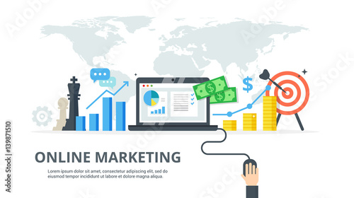 Digital marketing process - banner in flat style. Concept of strategy, successful result and profit growth. Online business vector illustration.