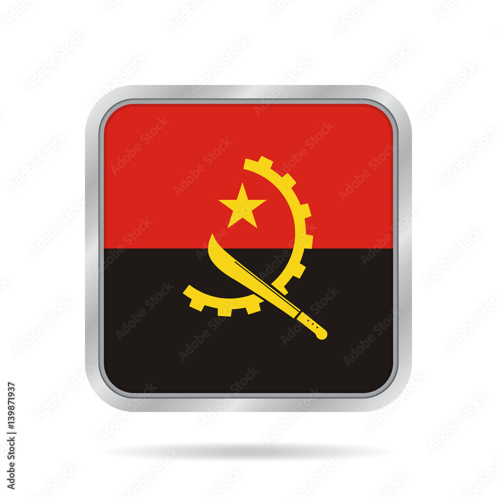 Flag of Angola. Shiny metallic gray square button. Flag of Angola. Shiny metallic gray square button.