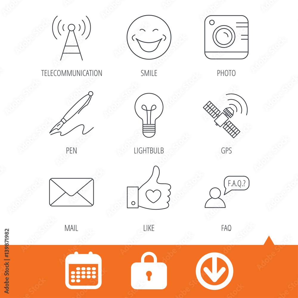 Mail, photo camera and lightbulb icons. Pen, GPS and telecommunication linear signs. FAQ, like and smile icons. Download arrow, locker and calendar web icons. Vector Mail, photo camera and lightbulb icons. Pen, GPS and telecommunication linear signs. FAQ, like and smile icons. Download arrow, locker and calendar web icons. Vector