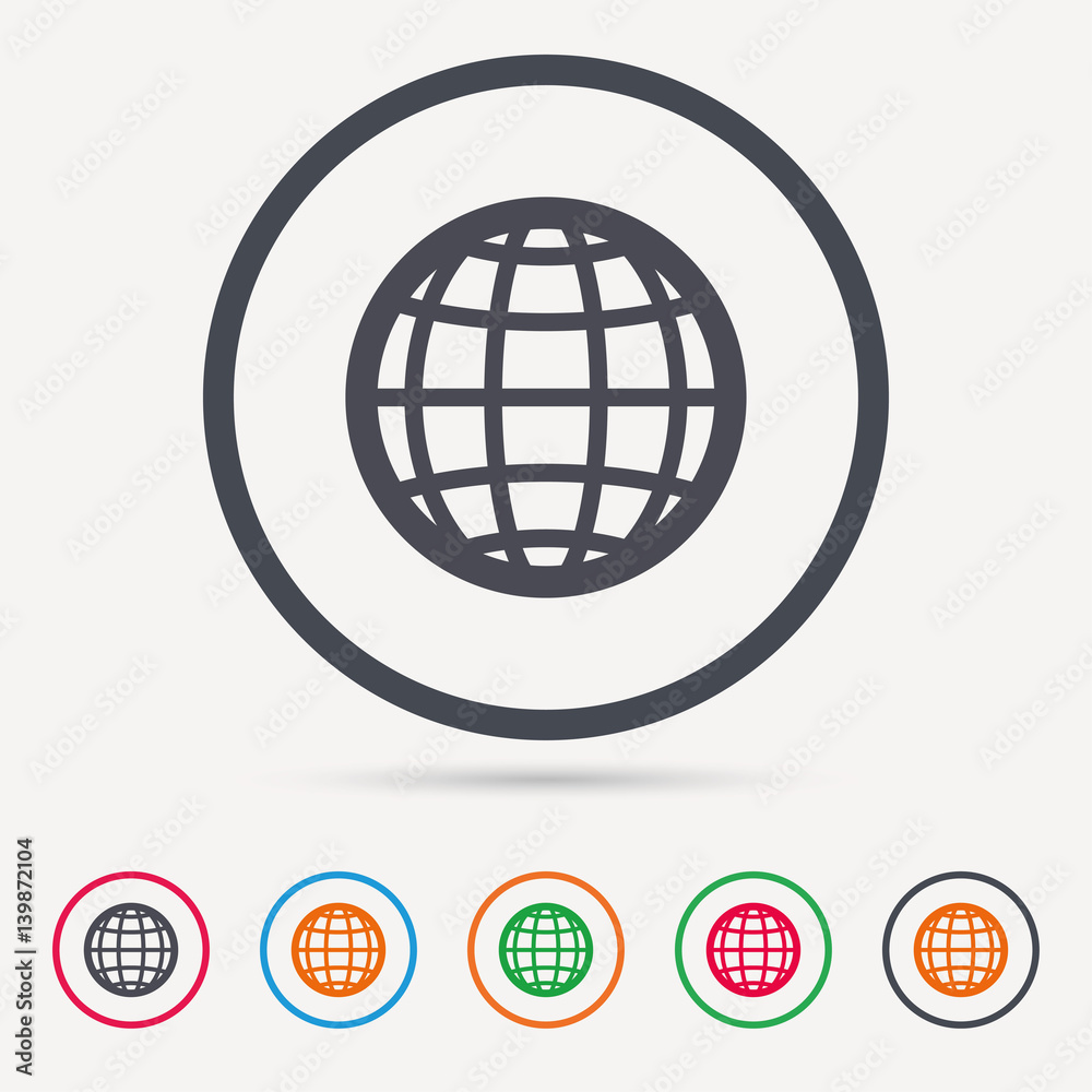 Globe icon. World or internet symbol. Round circle buttons. Colored flat web icons. Vector Globe icon. World or internet symbol. Round circle buttons. Colored flat web icons. Vector