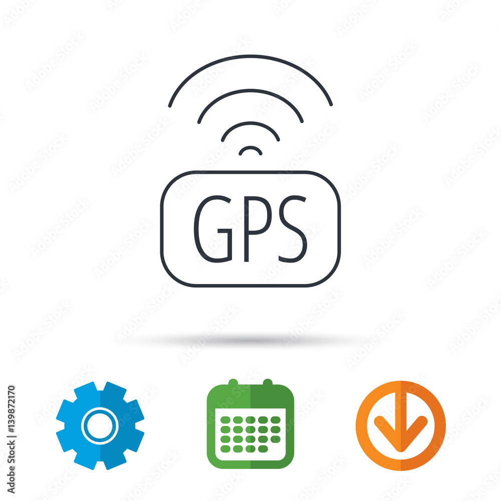 GPS navigation icon. Map positioning sign. Wireless signal symbol. Calendar, cogwheel and download arrow signs. Colored flat web icons. Vector GPS navigation icon. Map positioning sign. Wireless signal symbol. Calendar, cogwheel and download arrow signs. Colored flat web icons. Vector