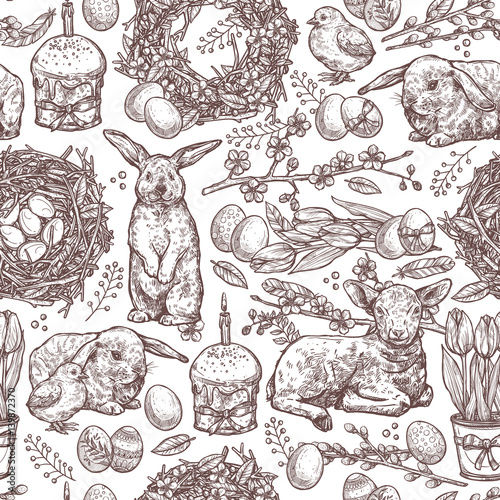 Hand Drawn Seamless Pattern Of Happy Easter Symbols And Signs. Monochrome Sketch Background