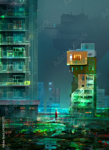 Bilde på lerret Drawing of cyberpunk, the night city of the future utopia