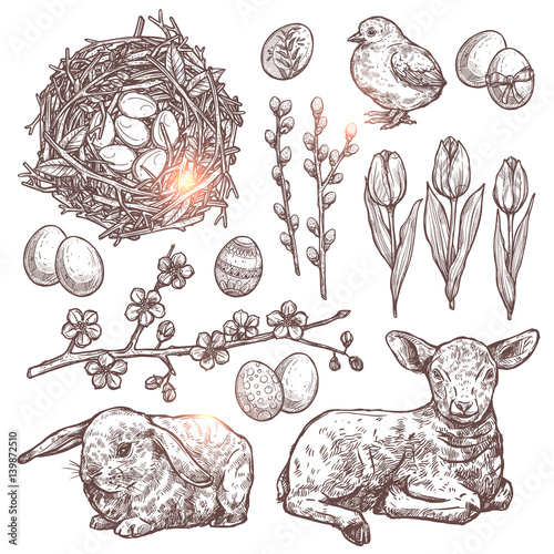 Hand Drawn Set Of Happy Easter Symbols And Signs. Sketch Tulips, Willows, Apple Blossom Branches, Nest With Eggs, Chicken, Rabbit, Baby Sheep, Easter Eggs