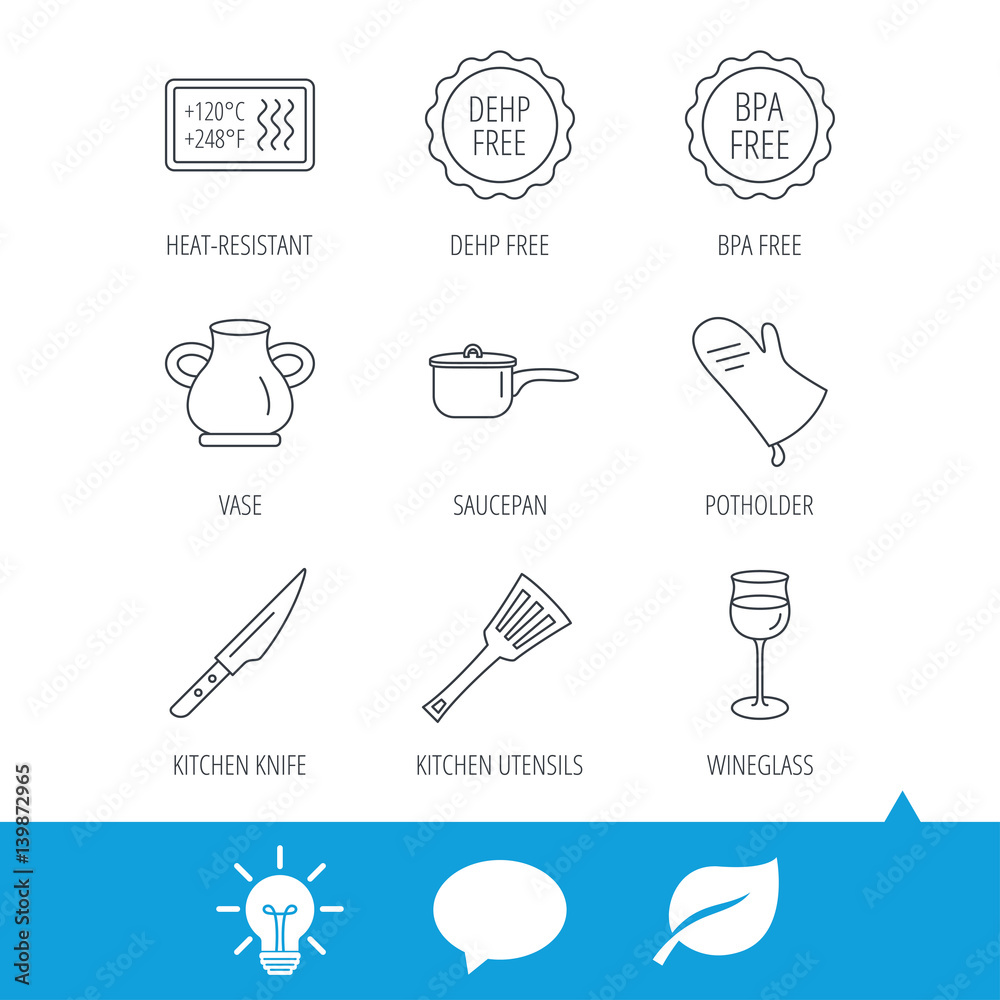 Saucepan, potholder and wineglass icons. Kitchen knife, utensils and vase linear signs. Heat-resistant, BPA, DEHP free icons. Light bulb, speech bubble and leaf web icons. Vector