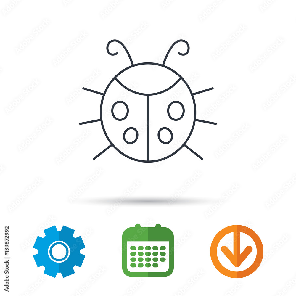 Fototapeta premium Ladybug icon. Ladybird insect sign. Flying beetle bug symbol. Calendar, cogwheel and download arrow signs. Colored flat web icons. Vector