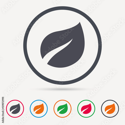 Leaf icon. Fresh organic product symbol. Round circle buttons. Colored flat web icons. Vector