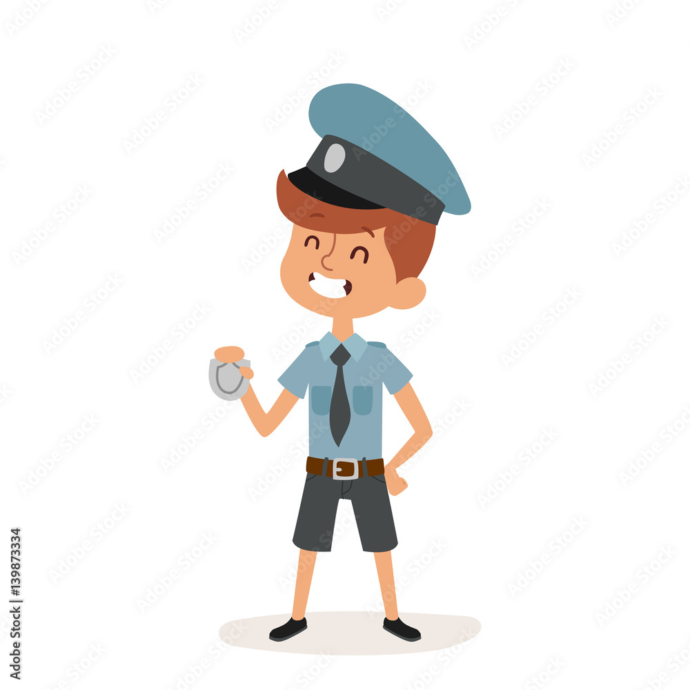policeman boy cap and badge hands cop cartoon character person on white background vector profession uniform worker isolated illustration kid