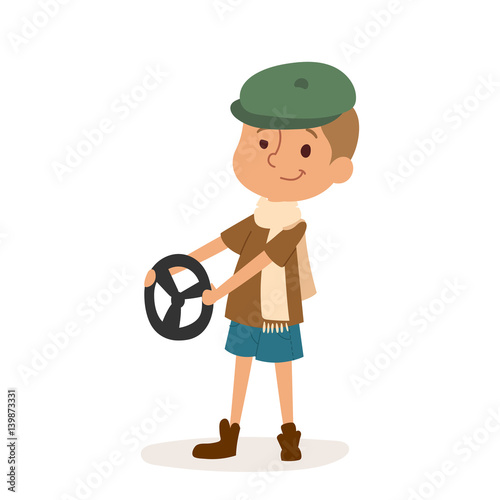Driver boy car rudder cute cartoon vector profession character person childhood uniform worker isolated illustration