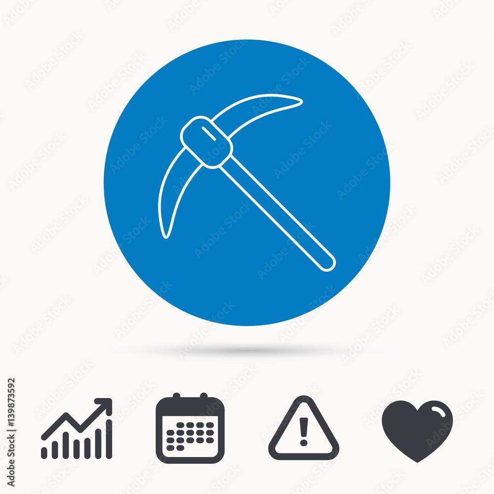 Mining tool icon. Pickaxe equipment sign. Minerals industry symbol. Calendar, attention sign and growth chart. Button with web icon. Vector Mining tool icon. Pickaxe equipment sign. Minerals industry symbol. Calendar, attention sign and growth chart. Button with web icon. Vector