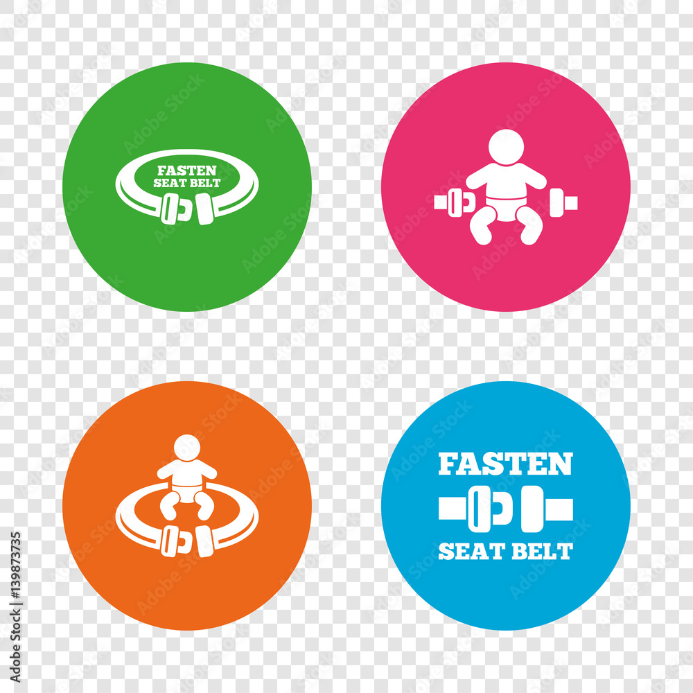 Fasten seat belt signs. Child safety in accident. Fasten seat belt signs. Child safety in accident.
