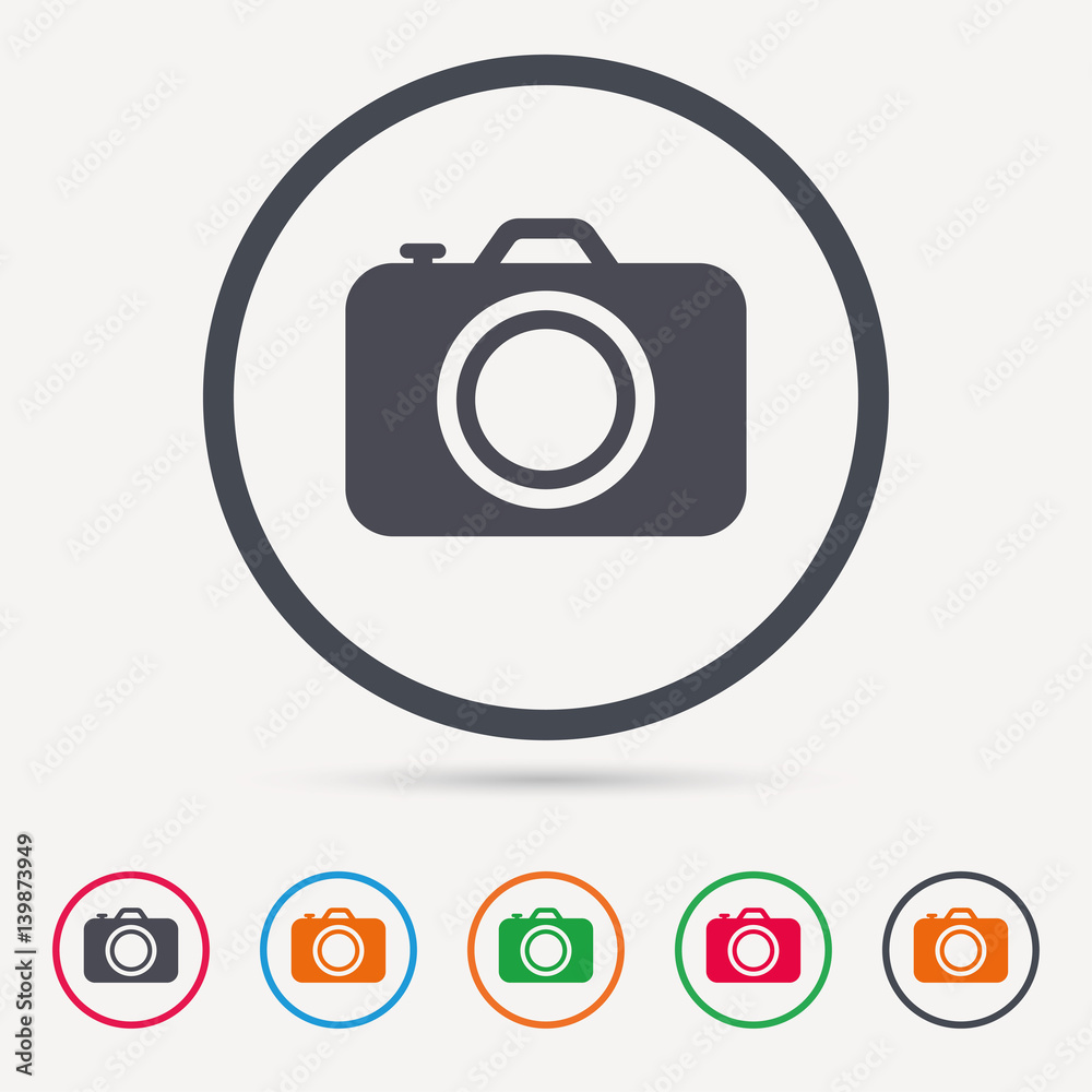 Camera icon. Professional photocamera symbol. Round circle buttons. Colored flat web icons. Vector Camera icon. Professional photocamera symbol. Round circle buttons. Colored flat web icons. Vector