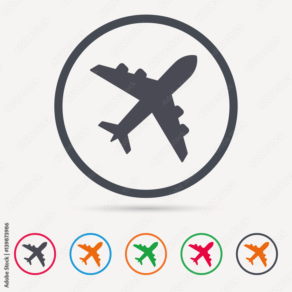 Plane icon. Flight transport symbol. Round circle buttons. Colored flat web icons. Vector Plane icon. Flight transport symbol. Round circle buttons. Colored flat web icons. Vector
