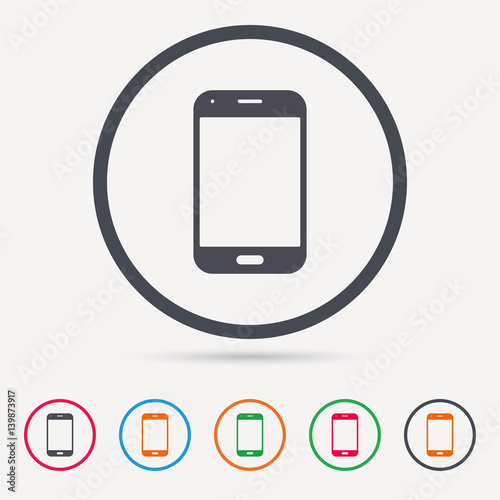 Smartphone icon. Mobile phone communication symbol. Round circle buttons. Colored flat web icons. Vector