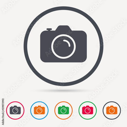 Camera icon. Professional photocamera symbol. Round circle buttons. Colored flat web icons. Vector